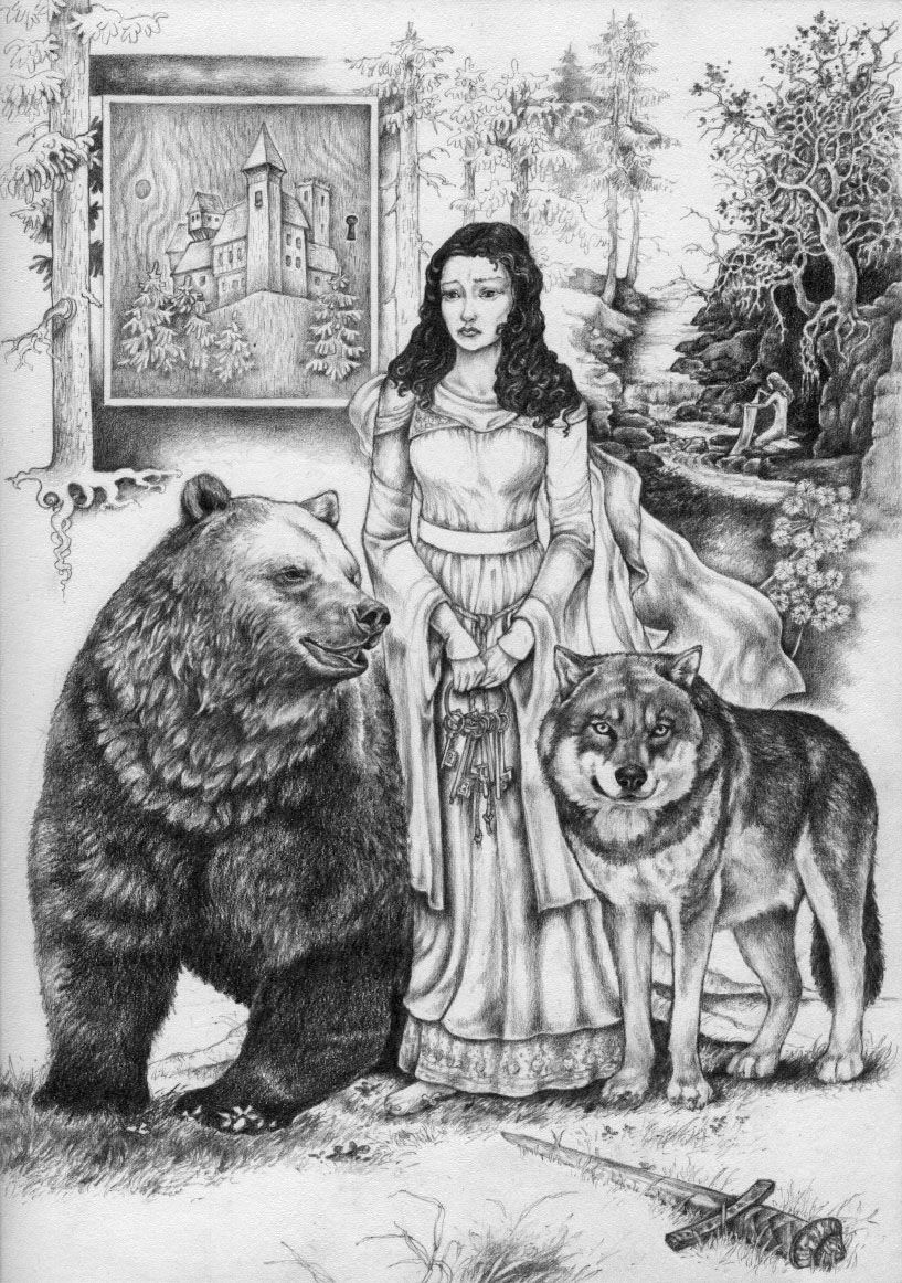 Bleistiftzeichnung: eine junge Dame, flankiert von einem Bären und einem Wolf, blickt besorgt, vor ihr liegt ein Schwert auf dm Boden, detailreich, naturalistisch