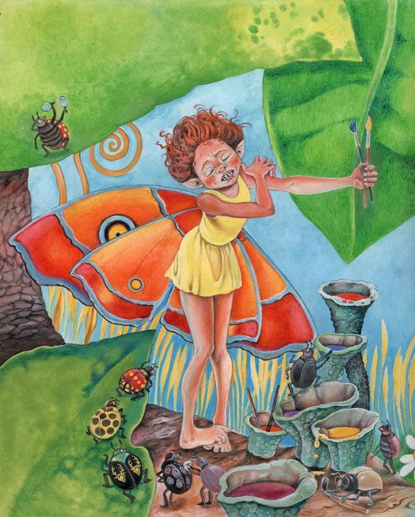 Illustration für ein Kinderbuch: sehr detailreiche Gouache-Malerei, anthropomorphe Insekten, winzige phantasievolle Wesen.