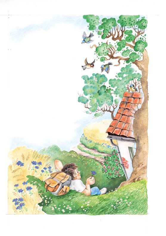 Illustration: Jemand liegt entspannt auf der Wiese und betrachtet versonnen ein Blümchen, das er in der Hand hält. Den Hügel abwärts ist ein Häuschen, ein gewundener Weg und ein Baum zu sehen. Detailreiche Zeichnung mit Buntstiften, naturalistisch.