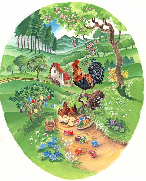 Illustration für ein Papp-Osterei: Ein Hahn, mehrere Hühner in einer idyllische Landschaft, österliche Details, heile Welt