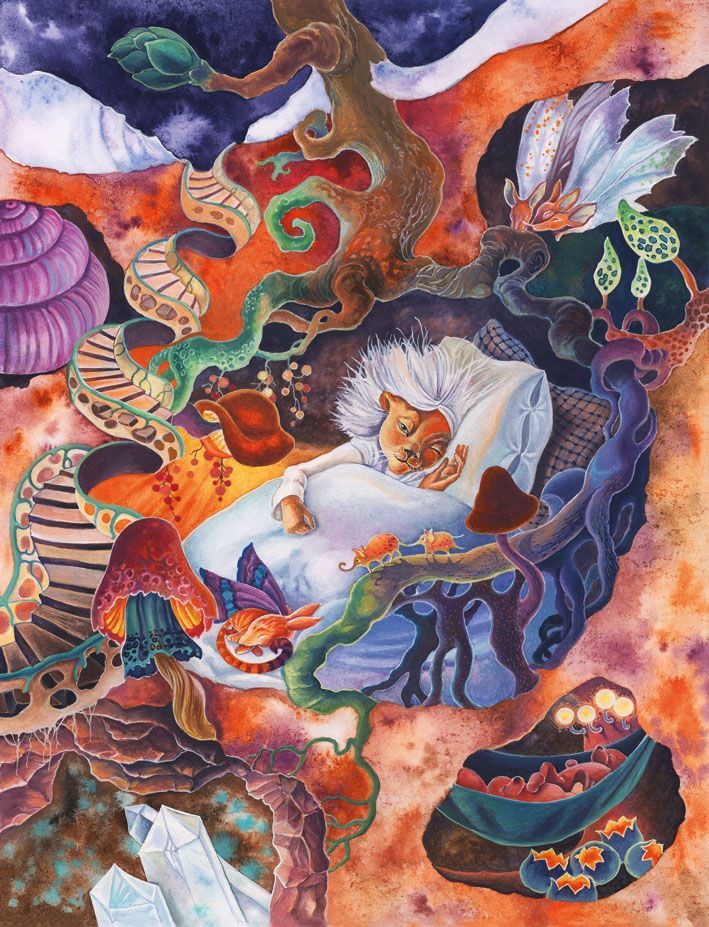 Illustration für ein Kinderbuch: unterirdisches Leben, alle halten Winterschlaf, detailreiche Gouachemaalerei, fantasievolle Wesen