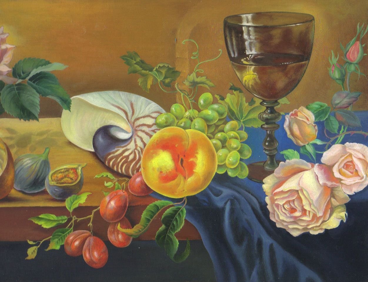 Ölmalerei: Stillleben mit Weinpokal, Früchten, Blumen und Nautilus-Schneckenhaus, warme Farbigkeit, naturalistischer Stil
