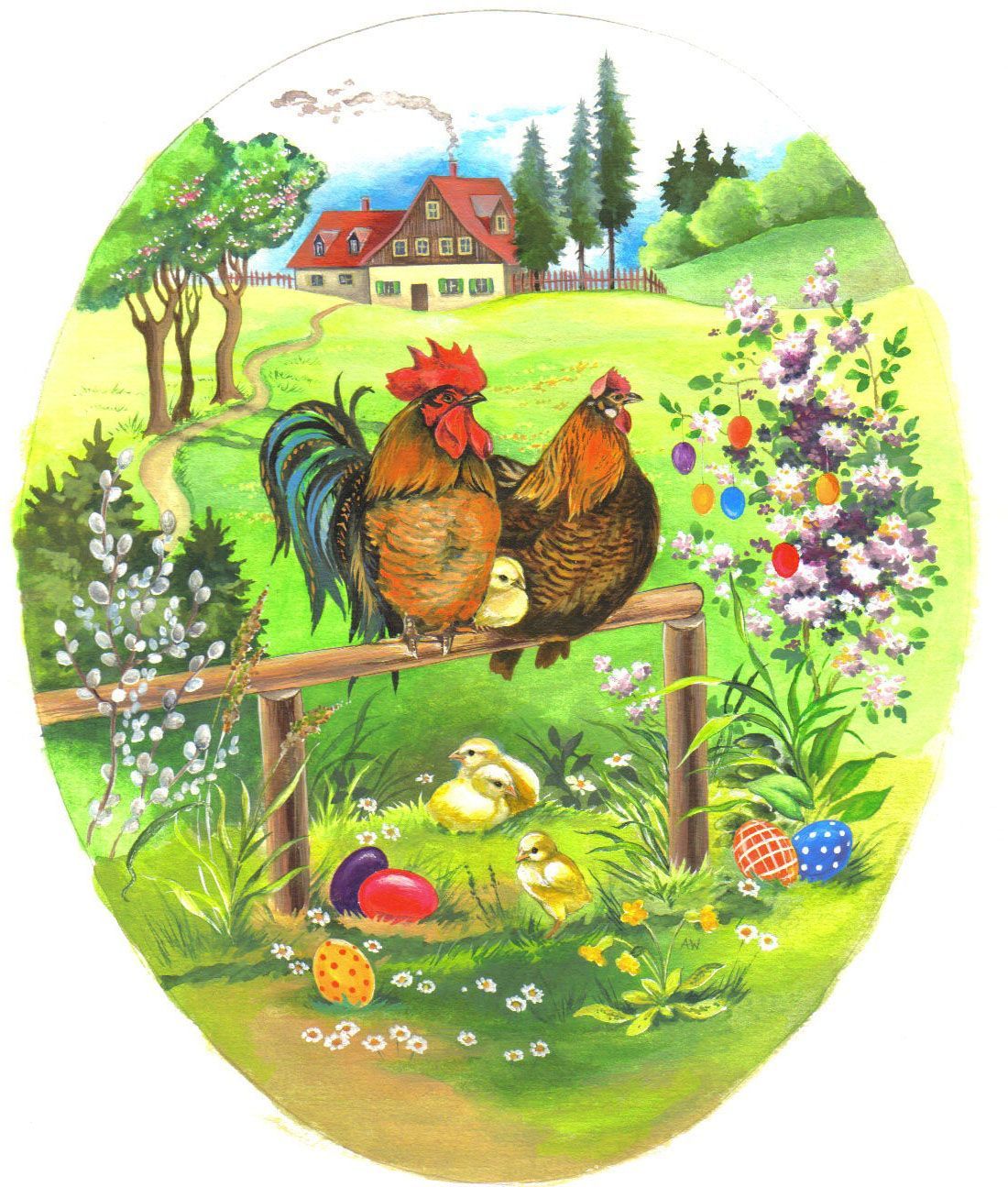 Illustration für ein Papp-Osterei: Ein Hahn, eine Henne in einer idyllische Landschaft, österliche Details, heile Welt