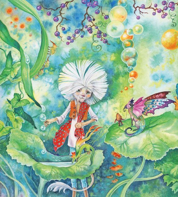 Illustration für ein Kinderbuch: sehr detailreiche Gouache-Malerei, Blumengesichter, winzige phantasievolle Wesen.
