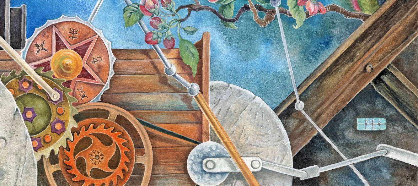 Die Mühle Illustration: Bunte Zahnräder treiben ein Mühlrad an, ein Zweig mit Kirschblüten, surrealistisch.