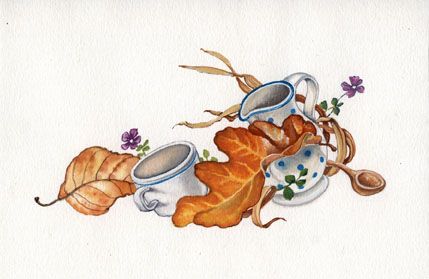 Gouache-Malerei: winziges Geschirr und Herbstlaub, naturalistisch, detailreich