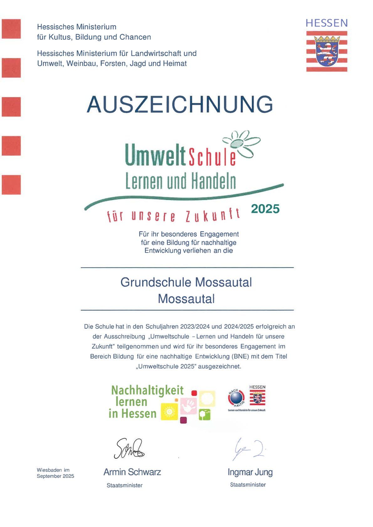 Urkunde Umweltschule 2025 Urkunde Umweltschule 2025