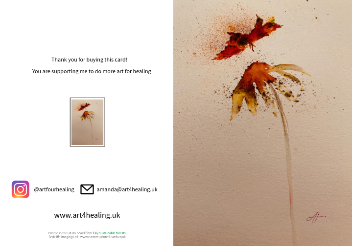 Greeting card with painting of a butterfly hovering over a daisy (abstract)