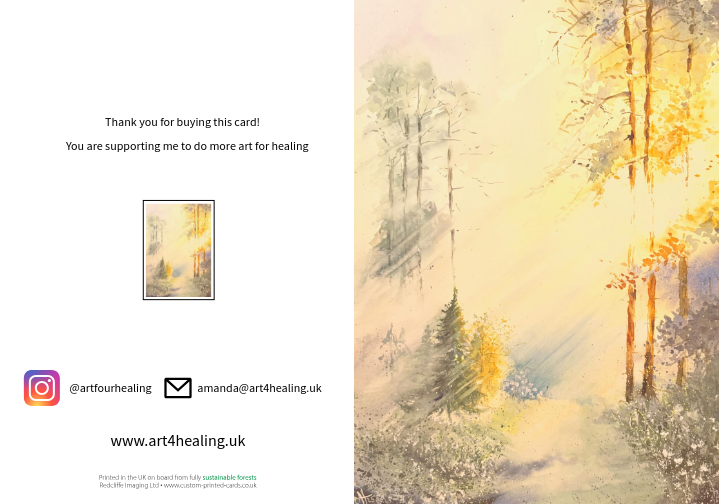 Greetings card with painting of the light shining through a forest