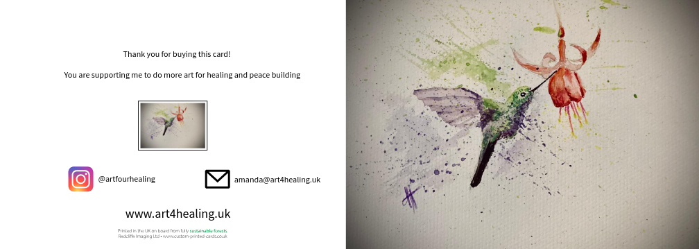 Greeting card with painting of a hummingbird drinking from a fuchsia flower