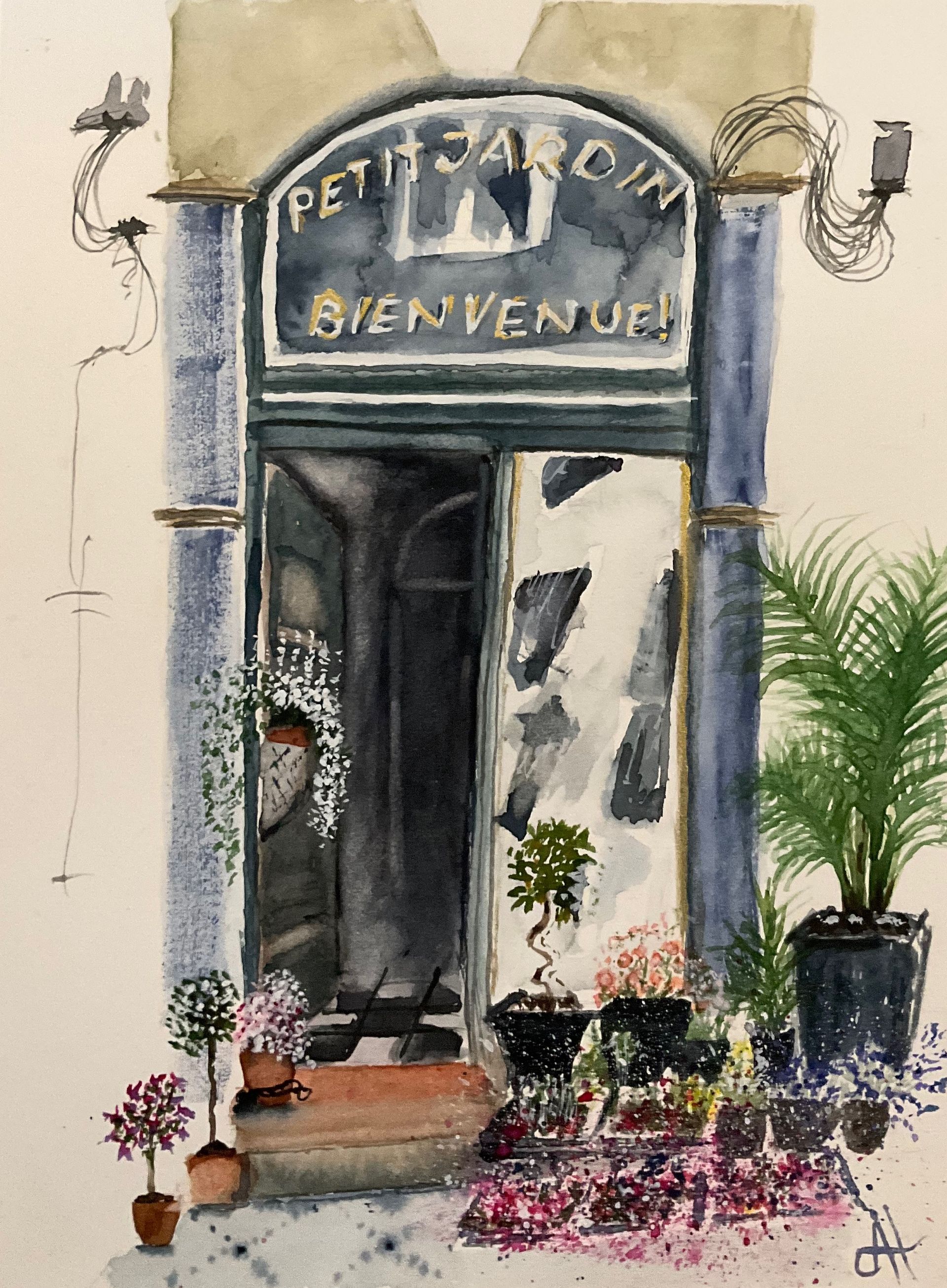 Watercolour painting of a flower shop with a riot of plants and flowers at the entrance