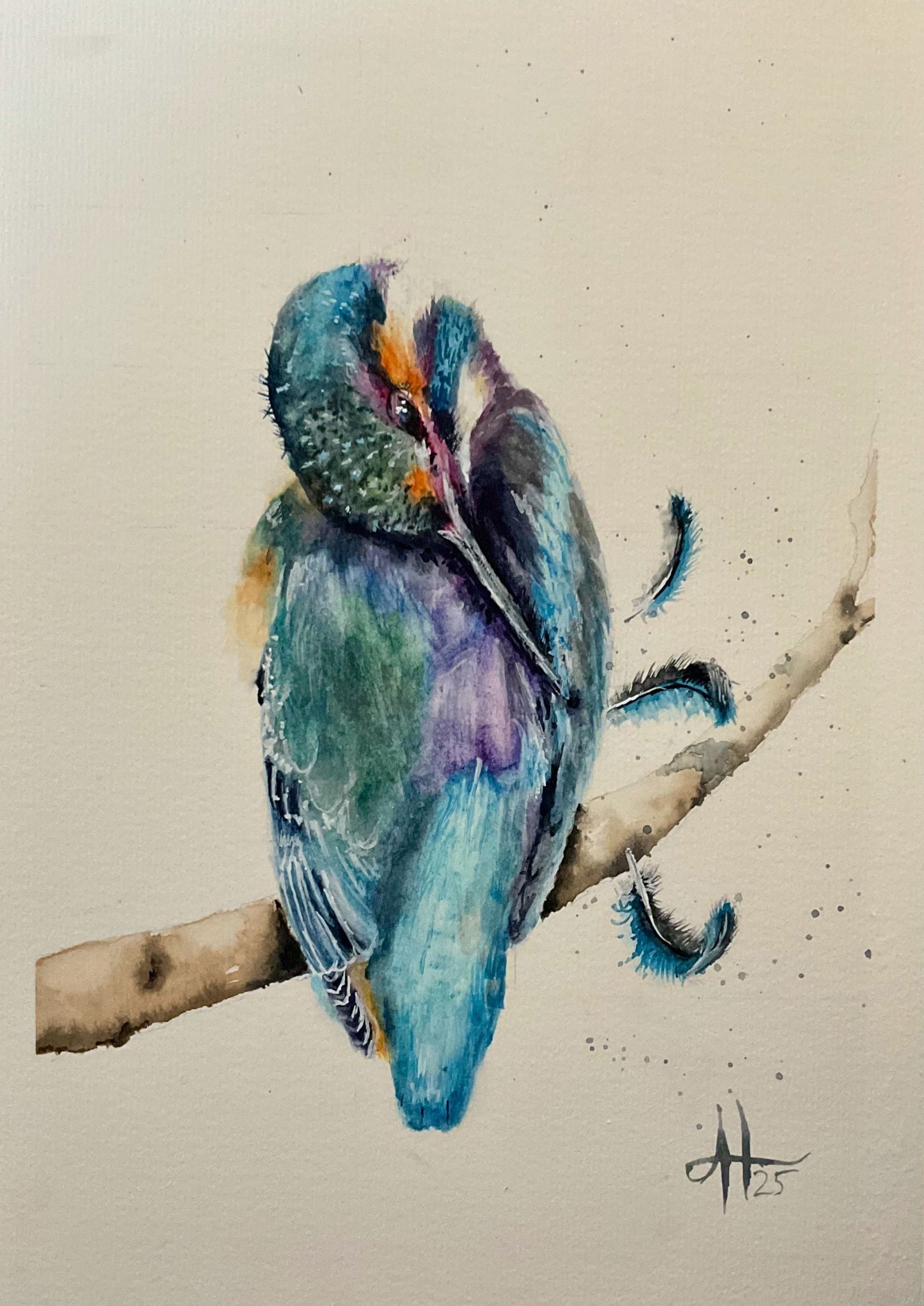 Watercolour painting of a female kingfisher grooming with some feathers flying