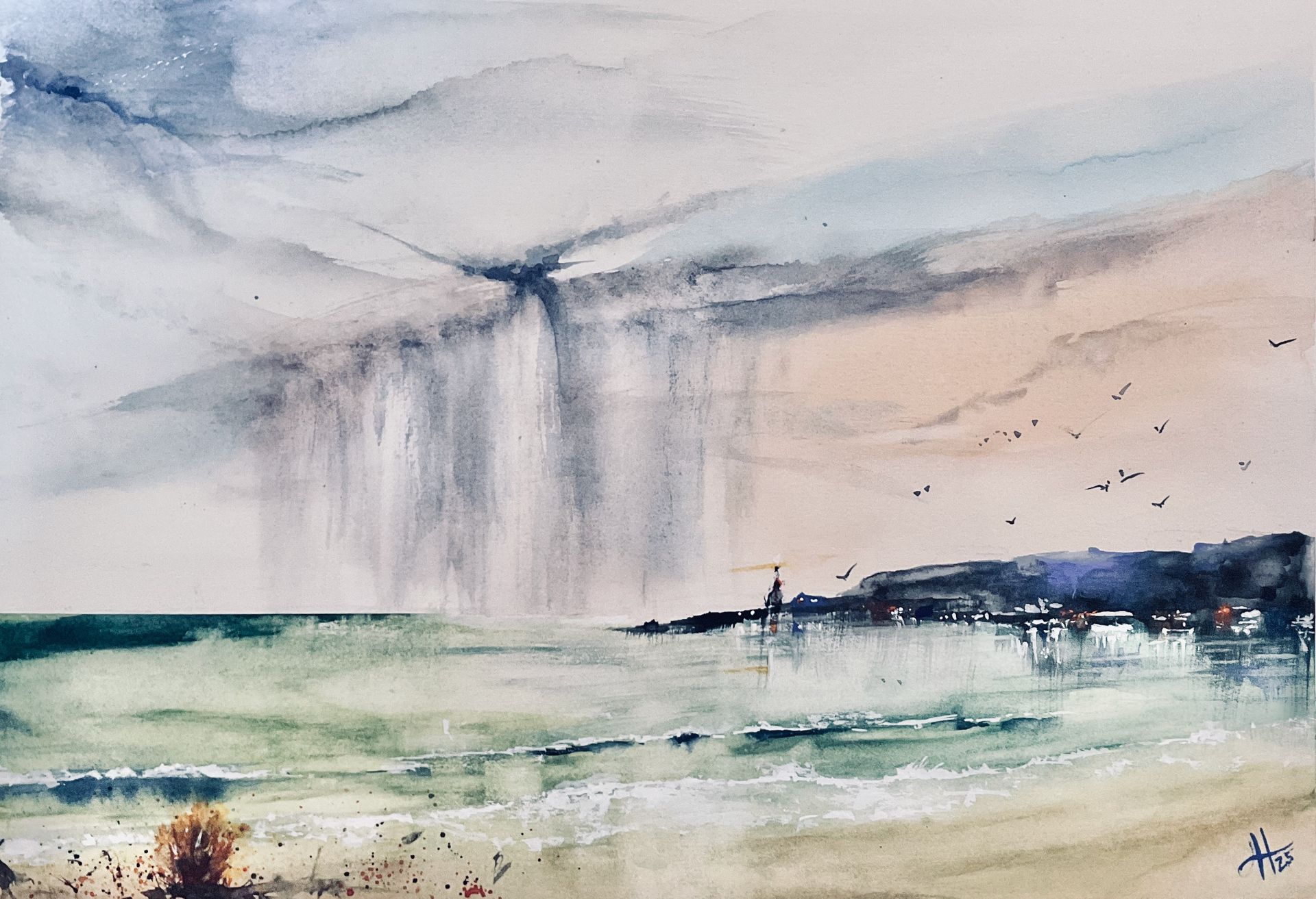 Watercolour painting of a a storm over a sea, with a lighthouse beaming