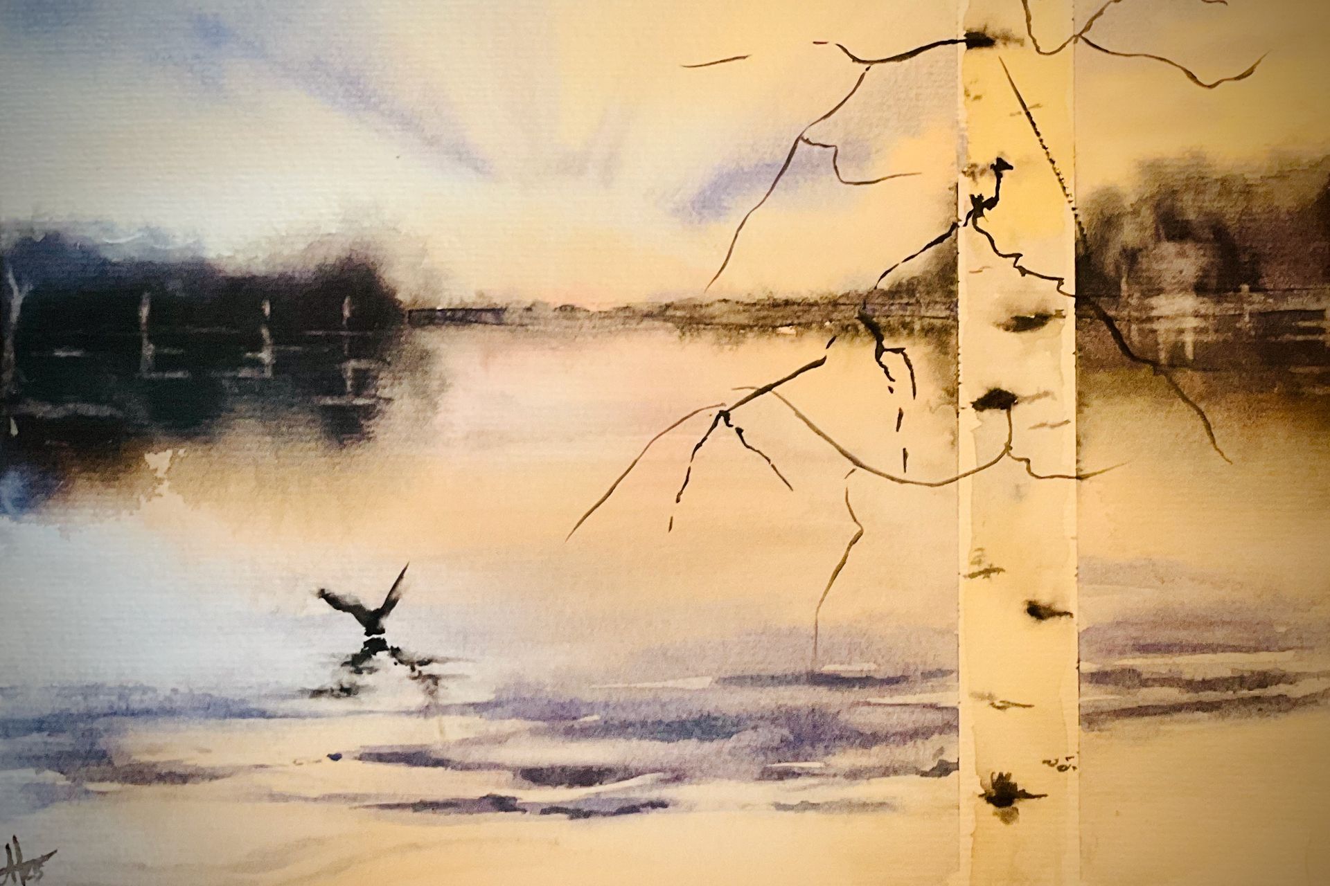 Watercolour of a sunset loch view