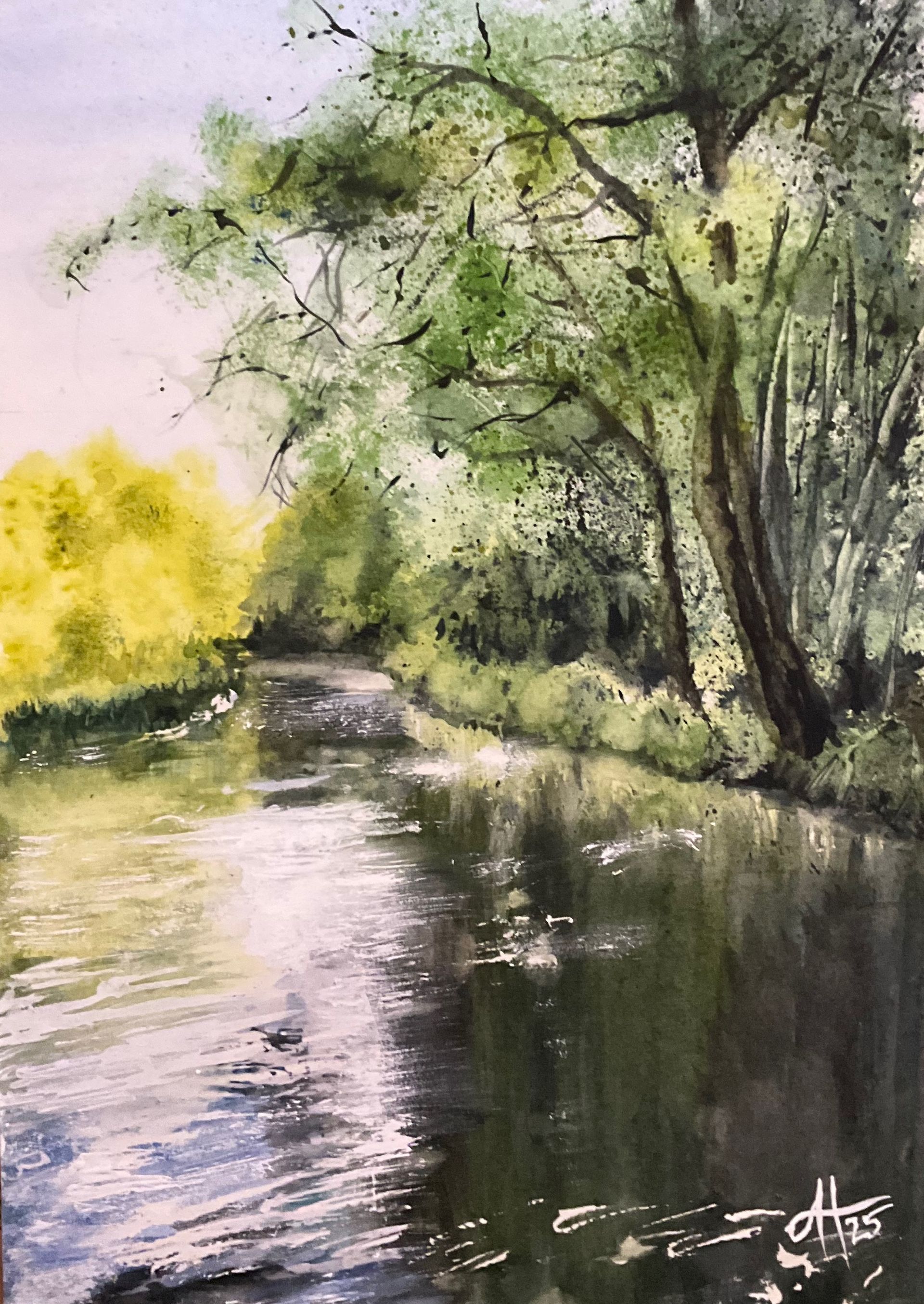 Watercolour painting of a calm canal trip view