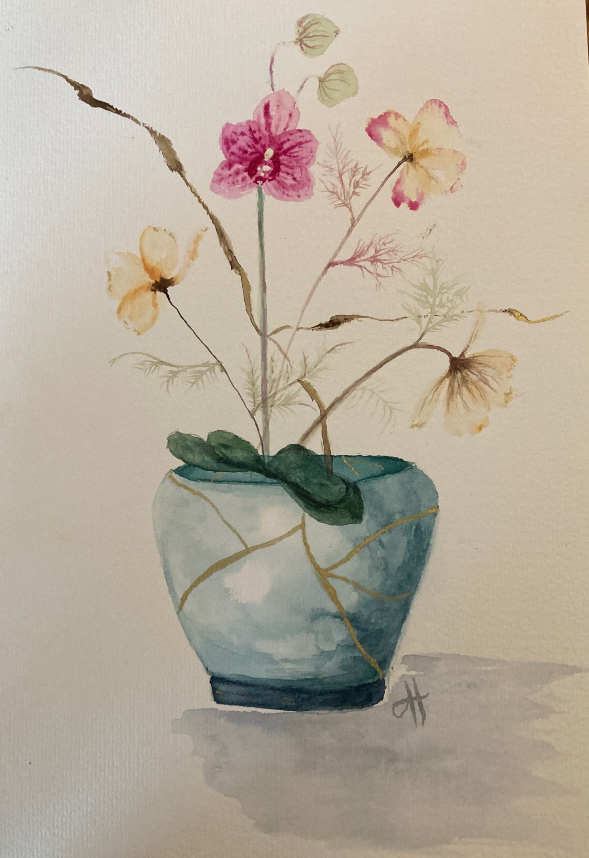 Water colour painting depicting a  dream of the art of kintsugi and ikebana