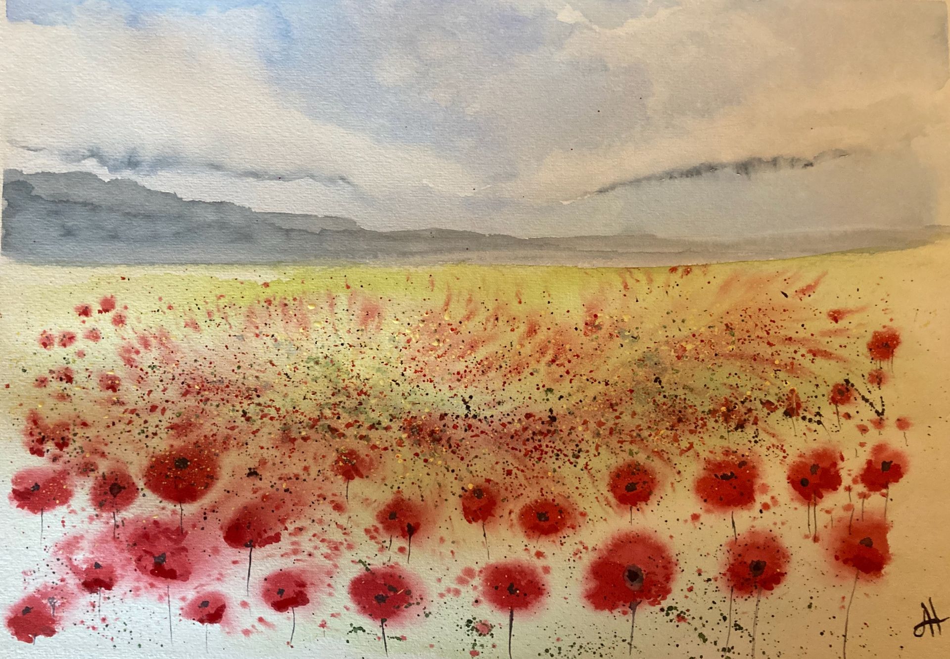 Semi-abstract watercolour painting of a poppy fields