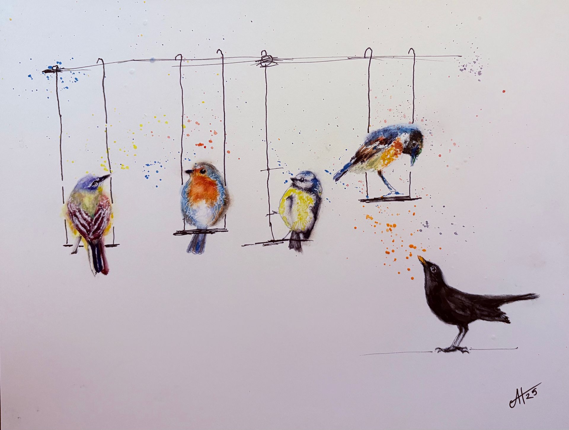 Watercolour painting of songbirds on swings with a blackbird looking up and wanting to join in