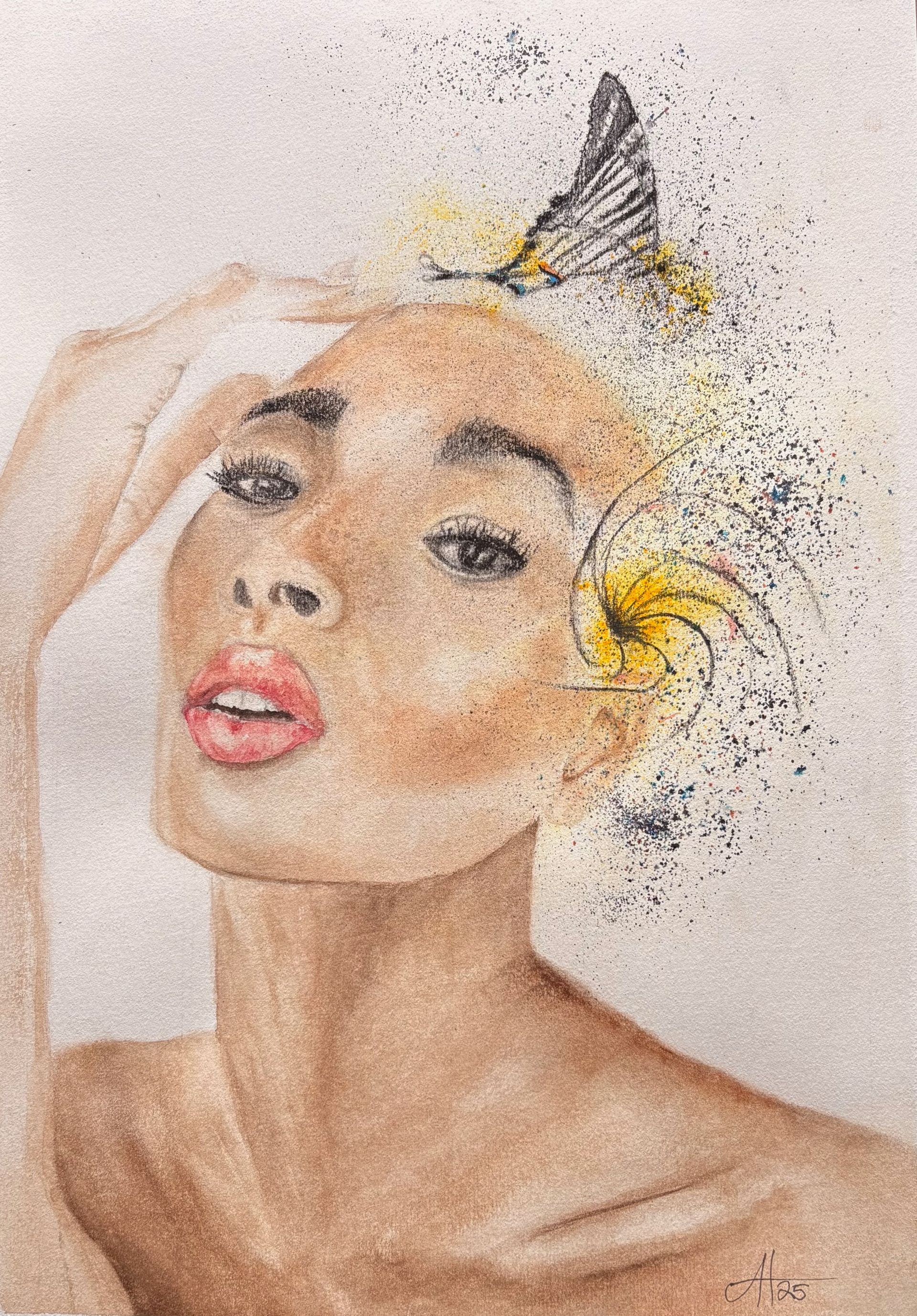 Portrait of a woman with glowing skin with a butterfly at her fingertips chasing a flower in her hair