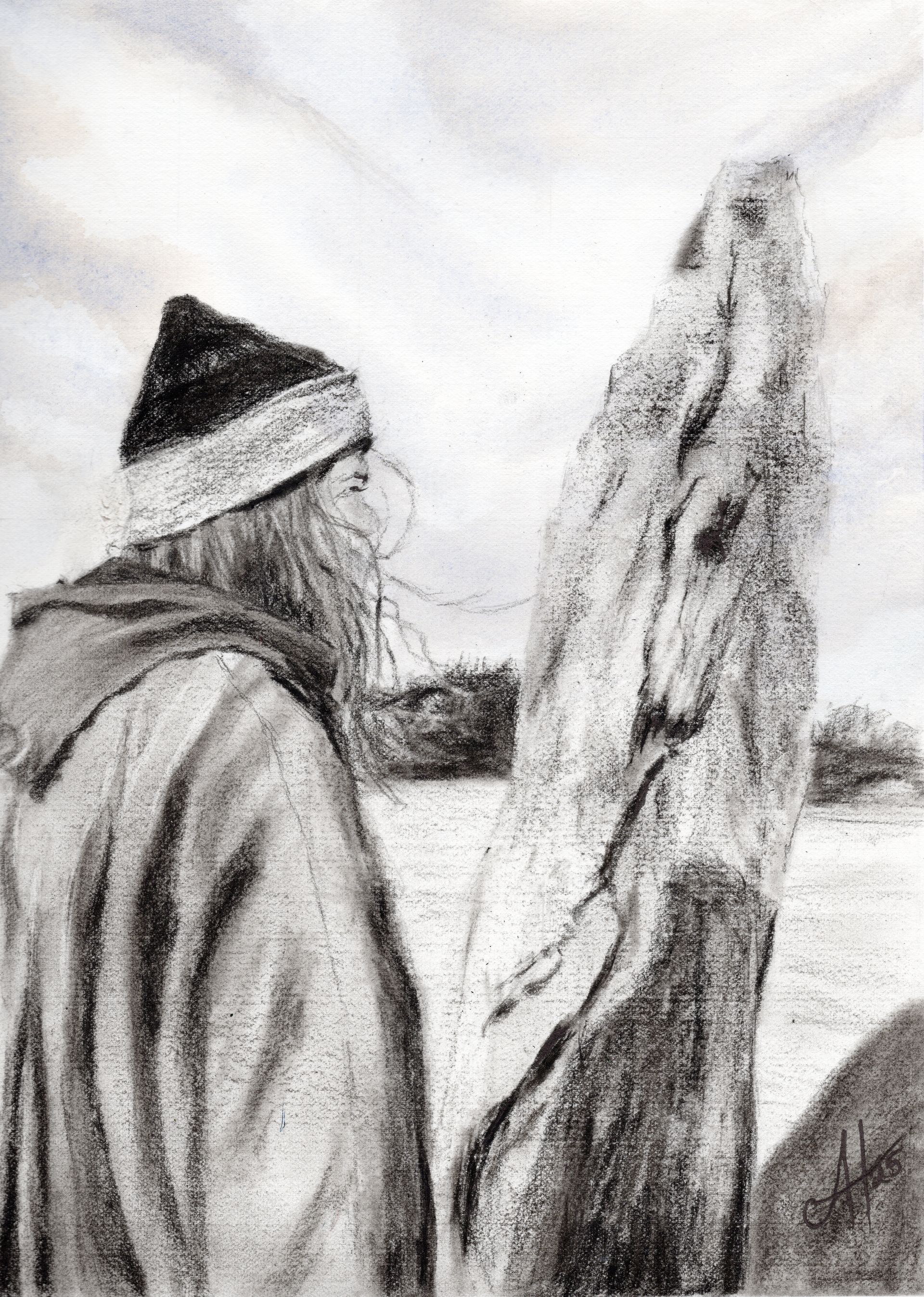 Charcoal and watercolour sketch of young woman gazing at a standing stone