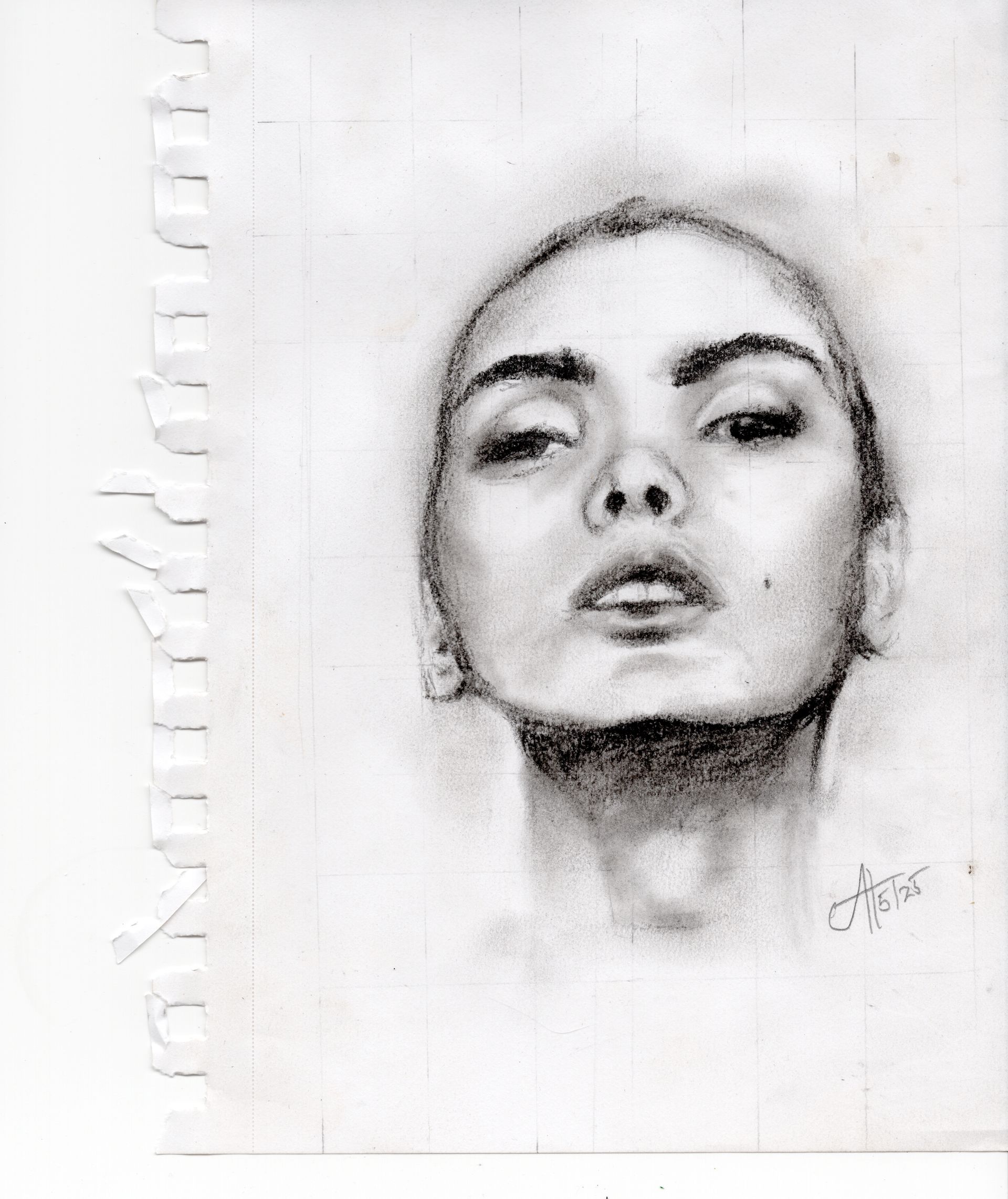 Charcoal sketch of young woman in a striking pose
