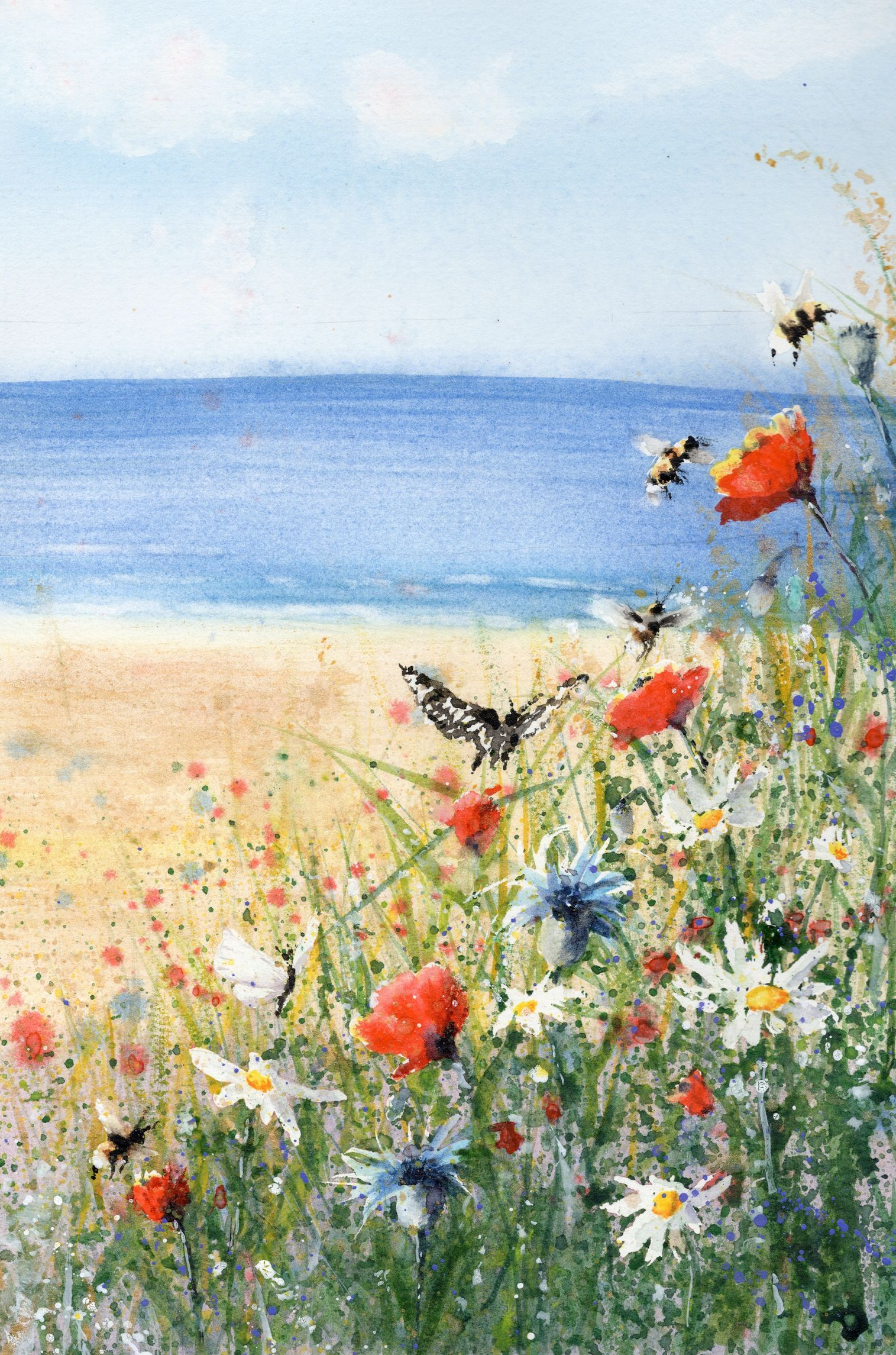 Watercolour painting of a seaside meadow alive with pollinators