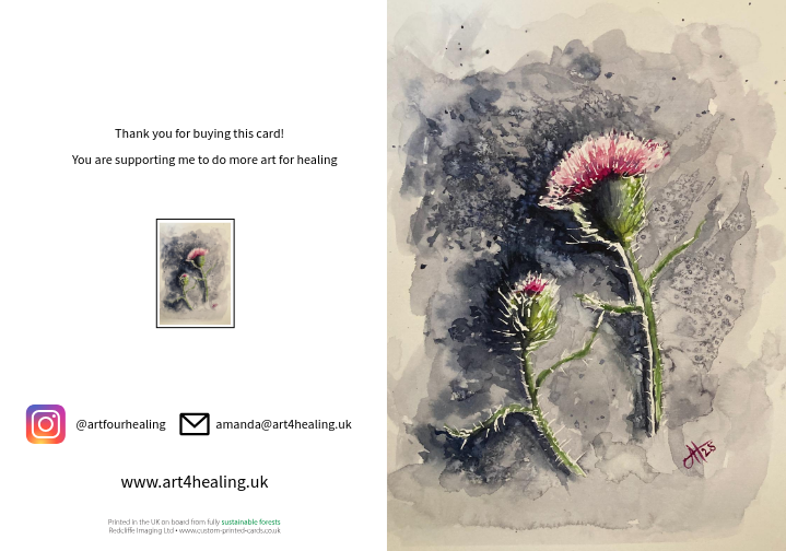 Greeting card with painting of two thistles on a dark background