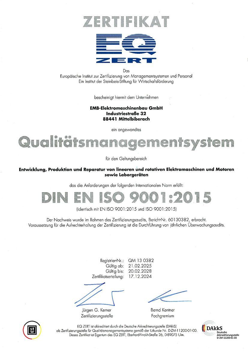 Zertifikat als PDF herunterladen EQ Zert - EMB-Elektromaschinenbau GmbH