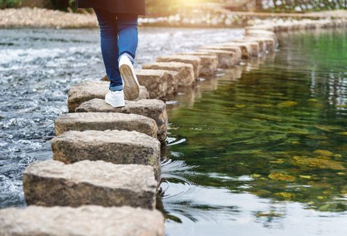Schritt für Schritt sicher zu Ihrem Ziel. Link zur Abschnittsmitte. Frau balanciert über trittsteine. Furt auf bewegtem Wasser, Wasserfall. Gleichgewicht, Entschlossenheit, Sicherheit.