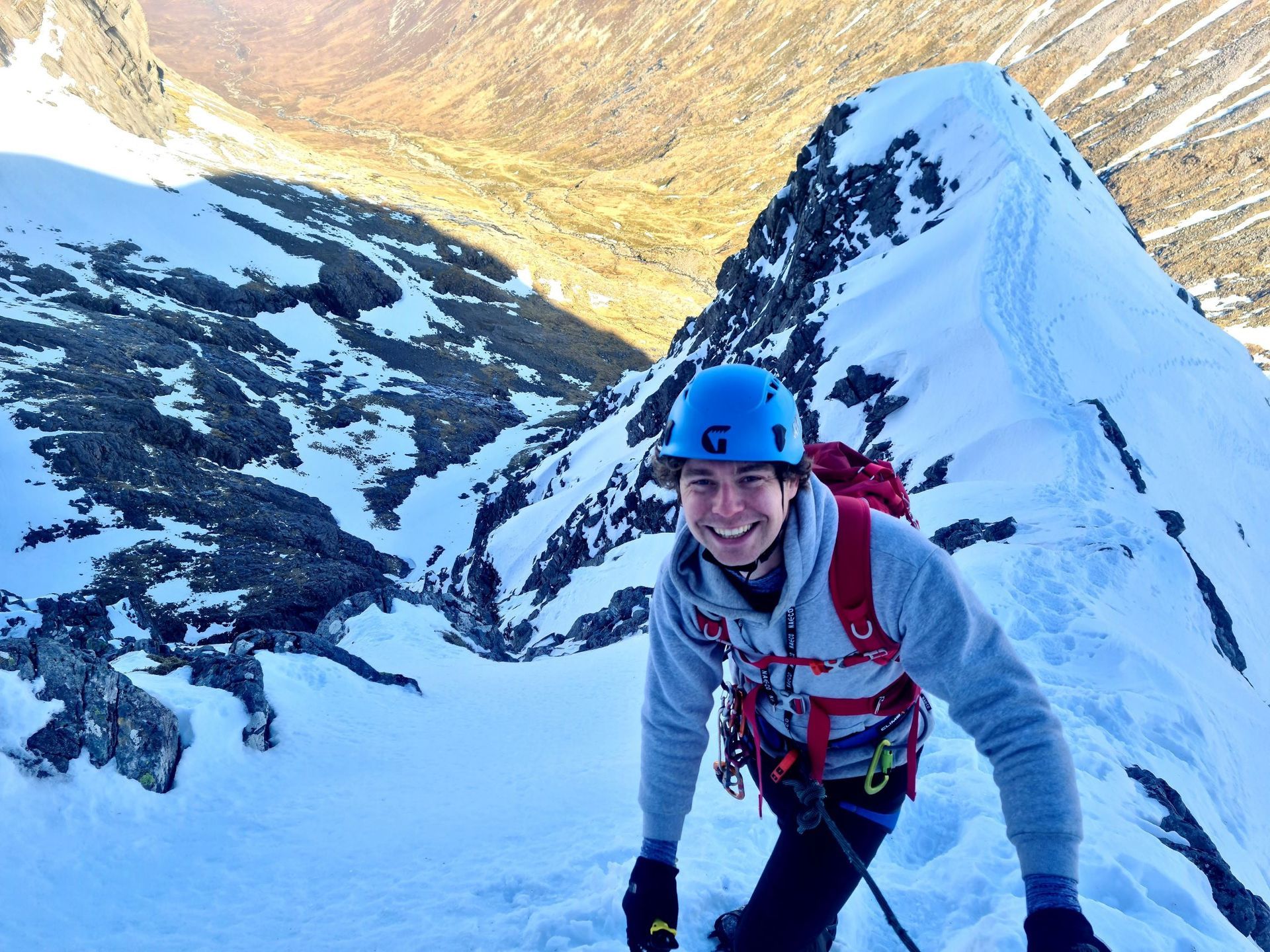 A climber on Tower Ridge in Winter as part of a Winter Climbing Course - Guided Scottish Winter Climbing