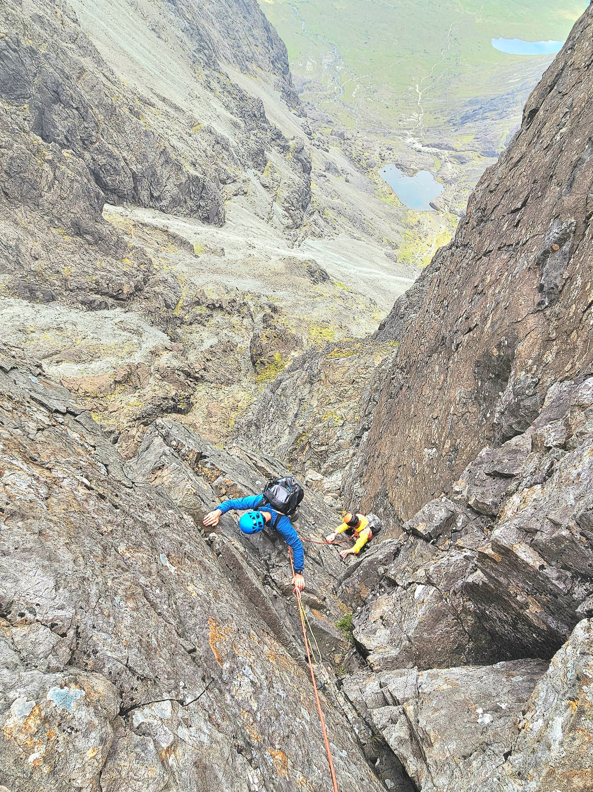 Climbing Kings Chimney on Sgurr Mhic Coinnich as part of a Skye Cuillin Ridge traverse with Elite Guides.
