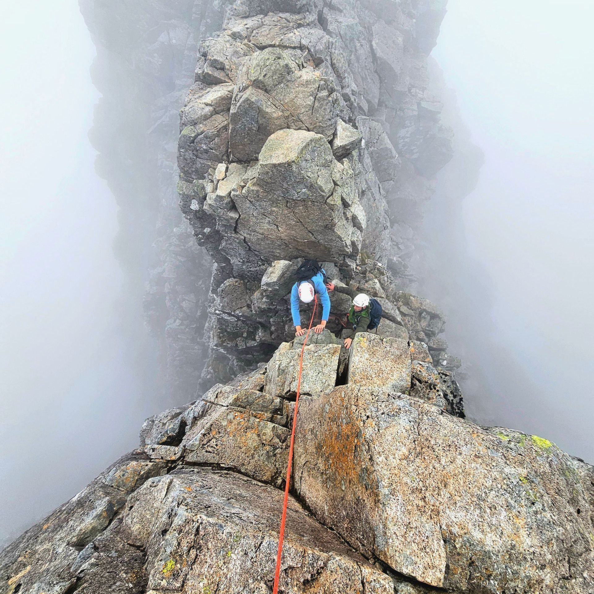 Two people at Tower Gap on Tower Ridge, Ben Nevis. Guided safeyly by a Tower Ridge Guide from Elite Guides