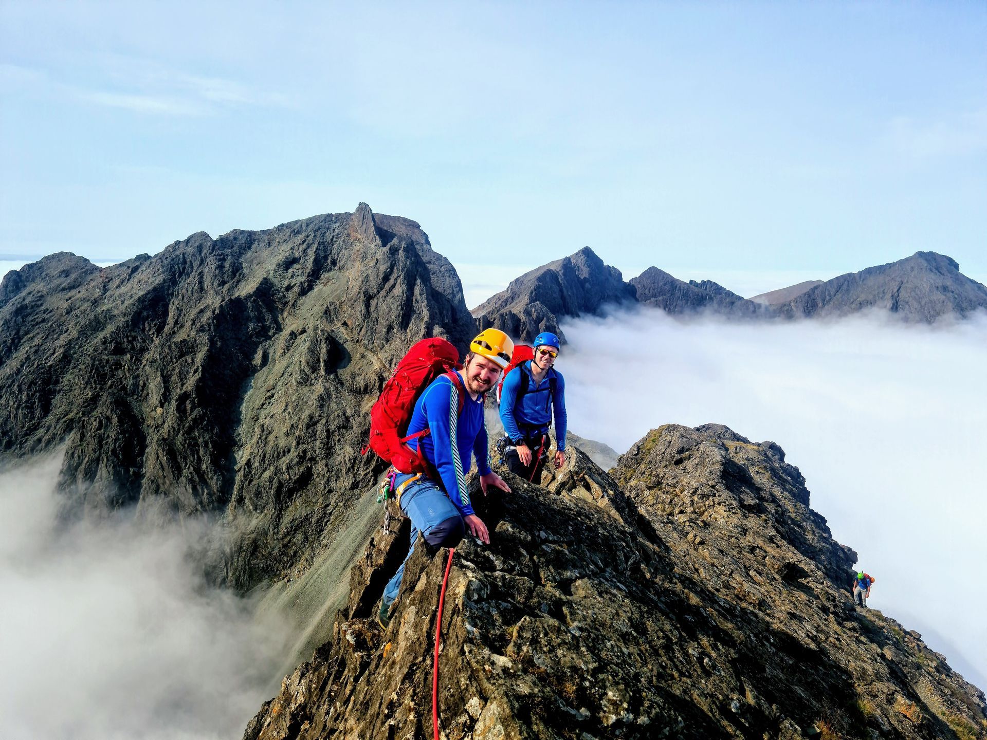 Two climbers on theSkye Cuillin Ridge as part of a guided Skye Cuillin Munro Traverse with Elite Guides Mountain Guides Skye.