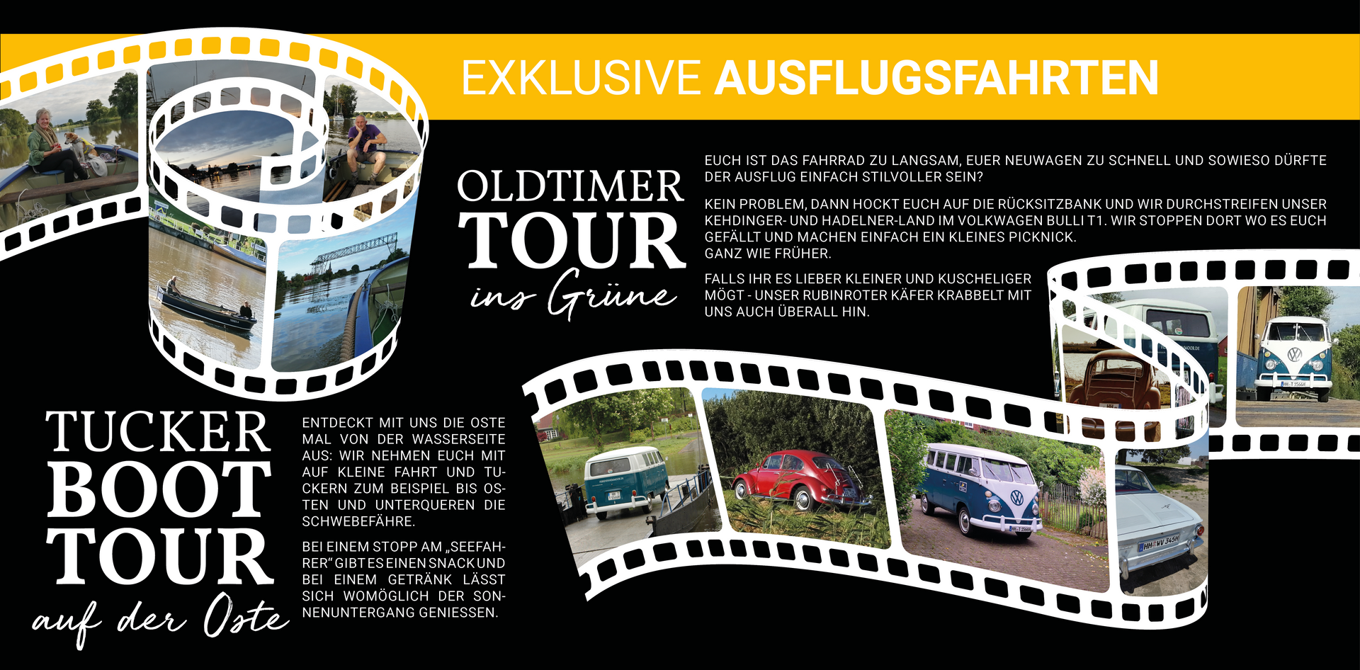 Ausflugsfahrten im Kehdinger Cuxhavener Hadelner Land mit einem Tuckerboot und Oldtimer Volkswagen T1 Käfer Karmann Ghia