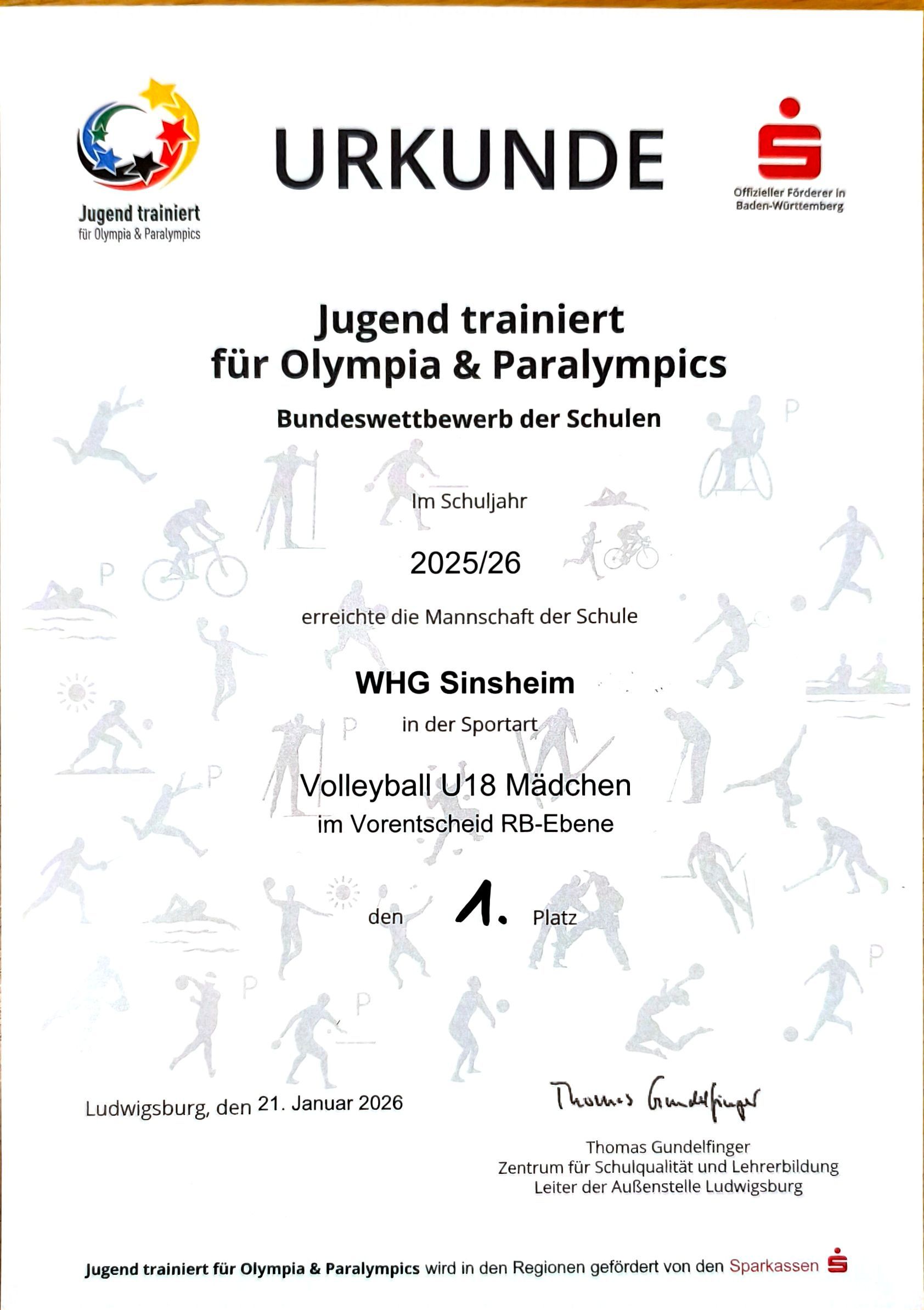 Urkunde Jugend Trainiert Volleyball Mädchen Platz 1 Vorentscheid RB-Ebene