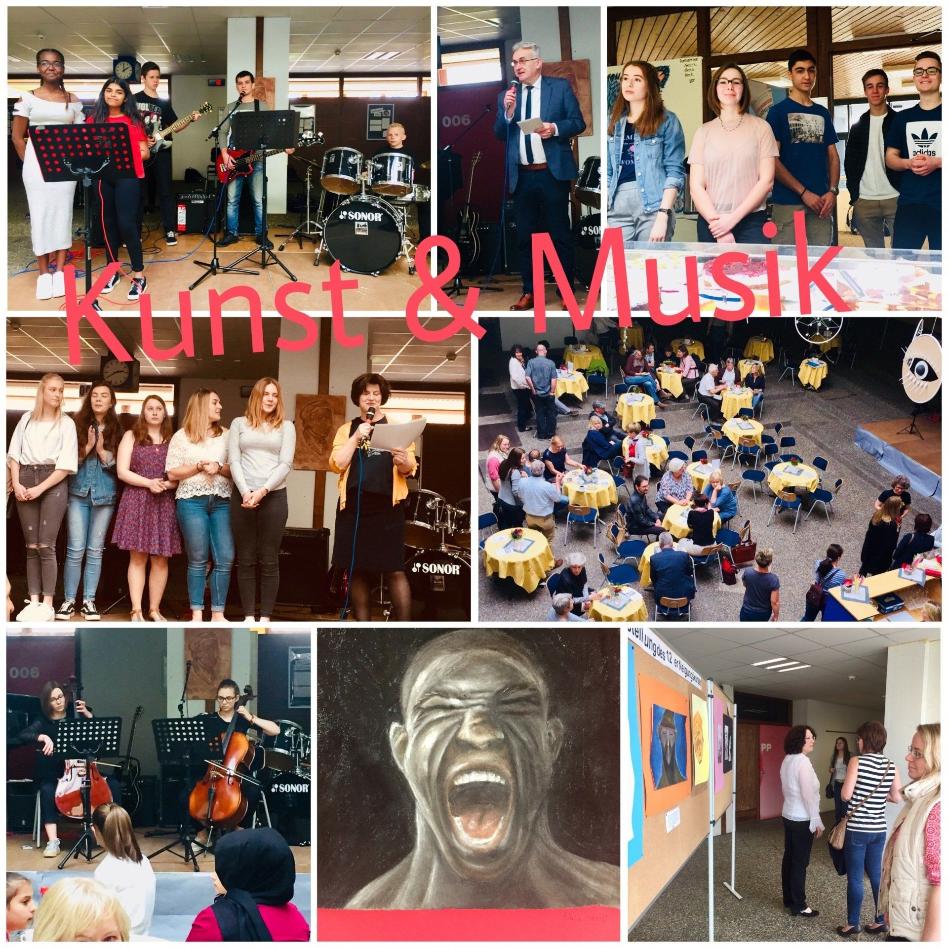Collage mit Künstlern und Publikum bei der Veranstaltung Kunst und Musik