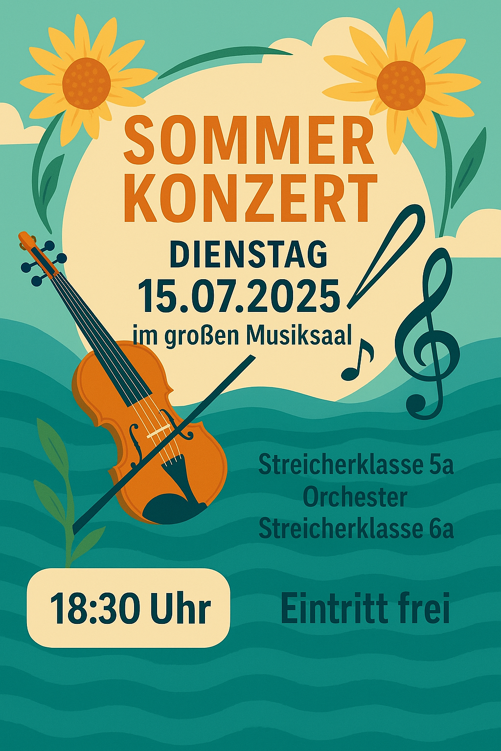 Plakat mit Einladung zum Sommerkonzert der Streicher am 15.07. um 18.30 Uhr