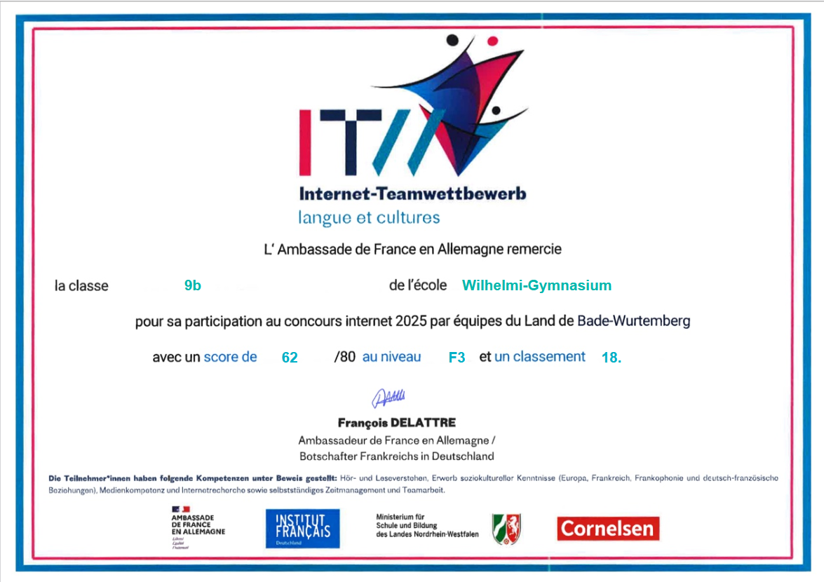 Zertifikat Französisch-Internet-Wettbewerb