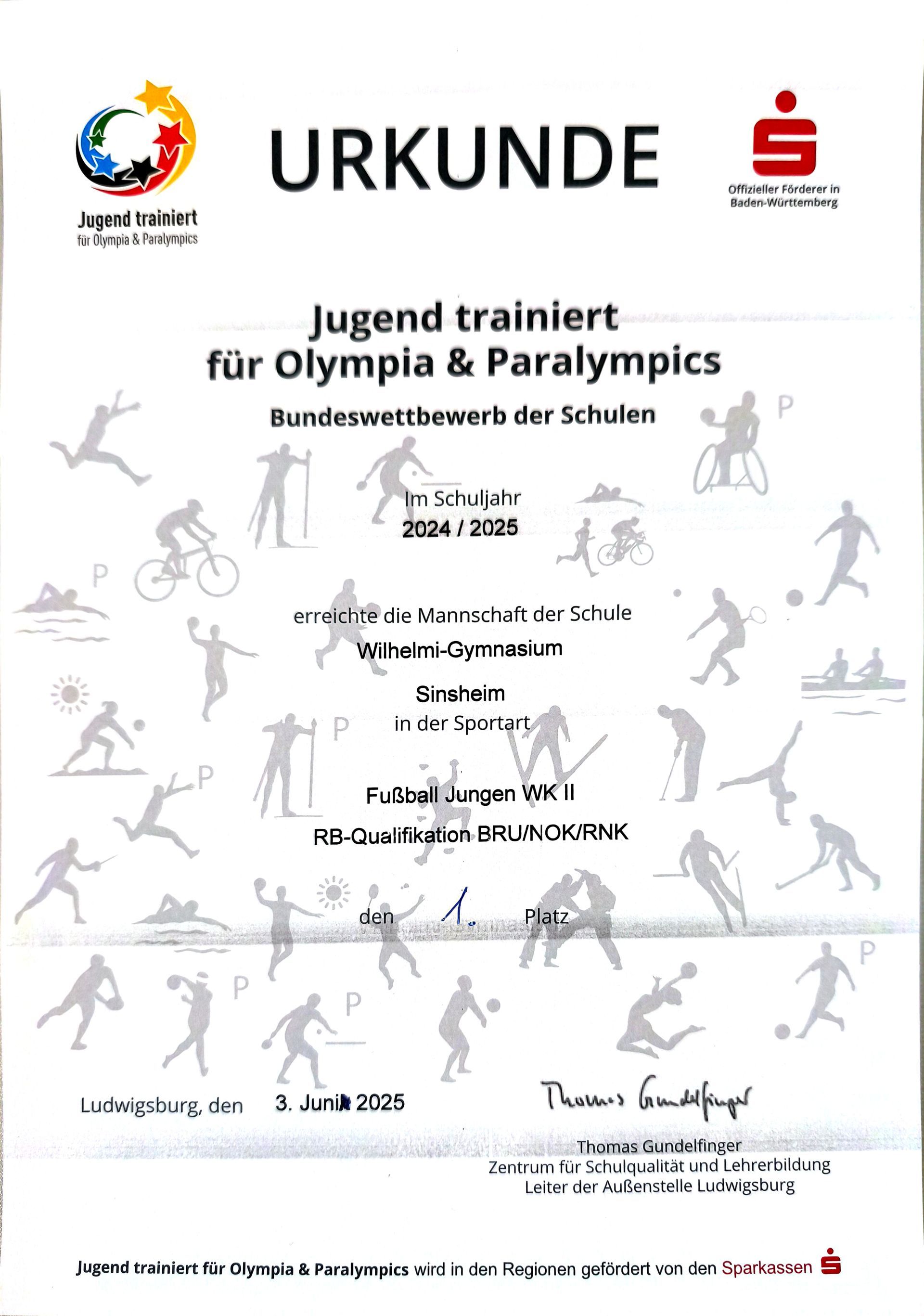 Urkunde Sieg der Fußballmannschaft des Wilhelmi-Gymnasiums Wettkampfklasse 2