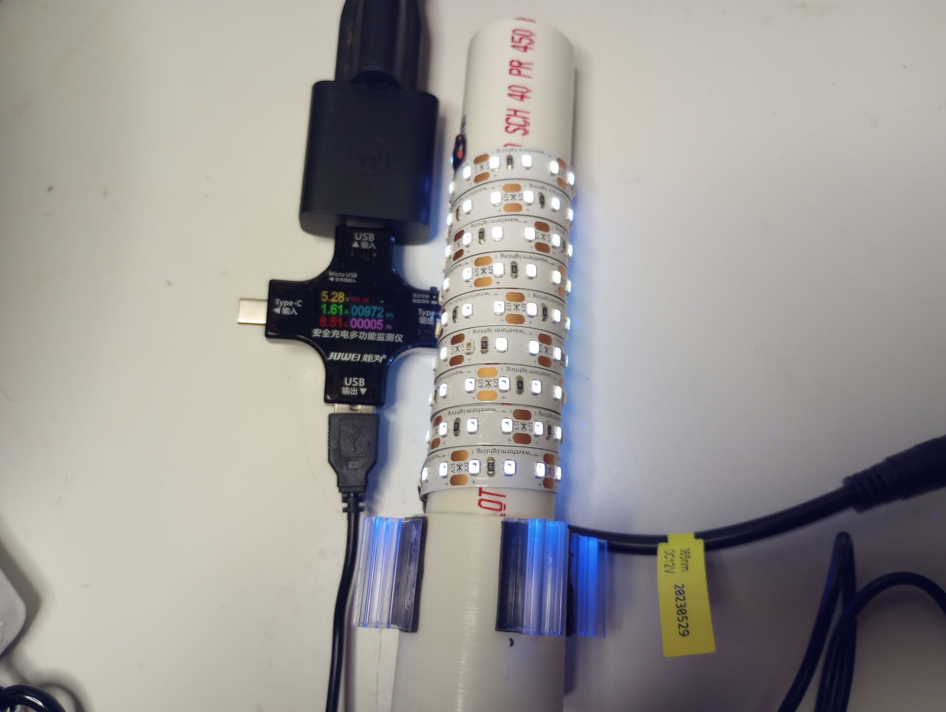 1m of 365nm uses 1.61A via USB booster