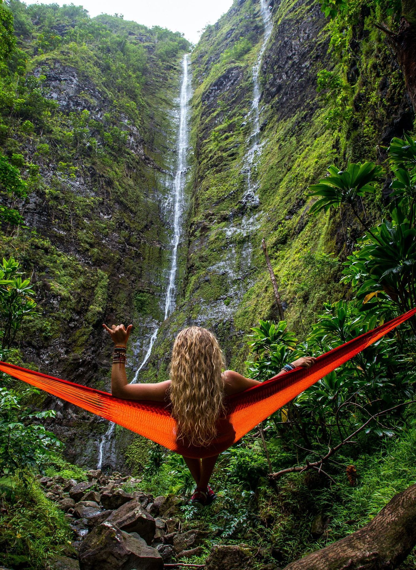 GIRL HAMMOCK JUNGLE WATERFALL