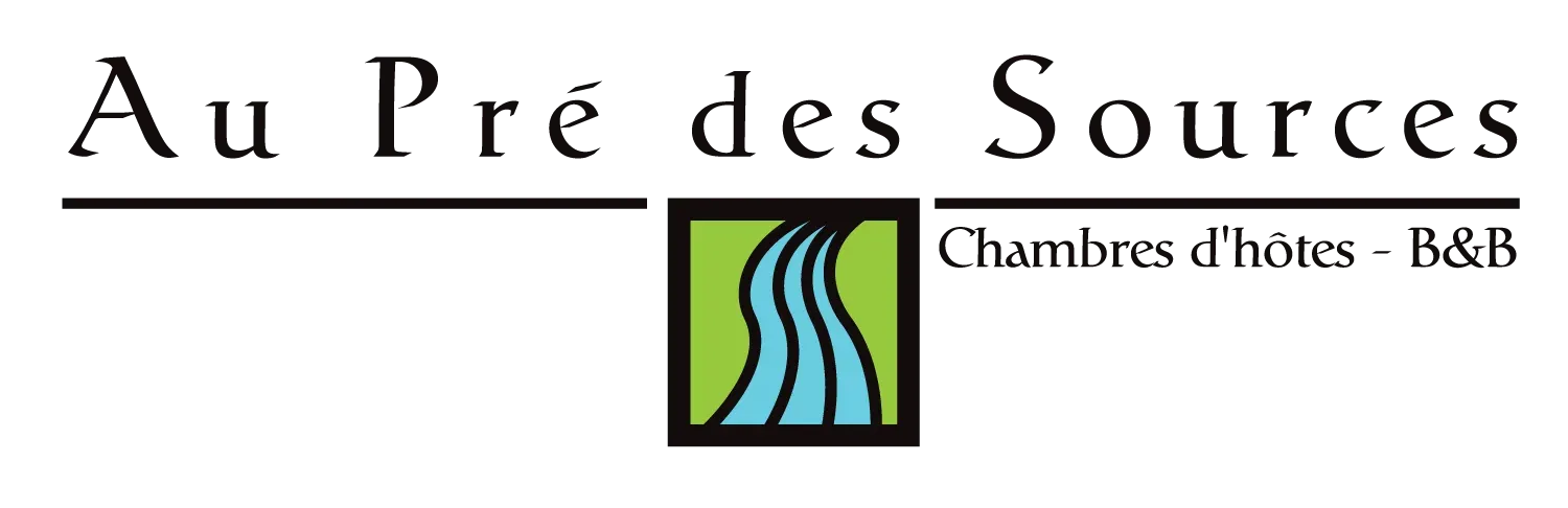 Chambres d'hôtes Périgord noir Logo : Au Pré des Sources - Chambres d'hôtes avec Pictogramme trois sources bleues sur fond vert