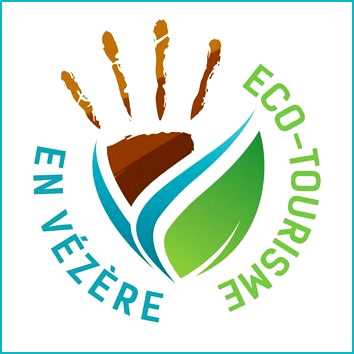 Logo : Eco-tourisme en Vézère : empreinte d'un main en maron et lignes bleues et vertes