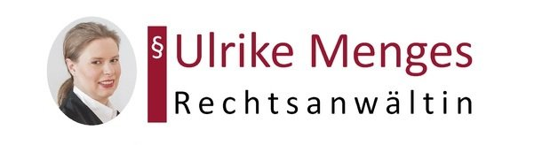 Logo Ulrike Menges Rechtsanwältin Mietrecht und Familienrecht mit einem Foto der Anwältin, einem roten Balken und eine kleinen Paragraphen