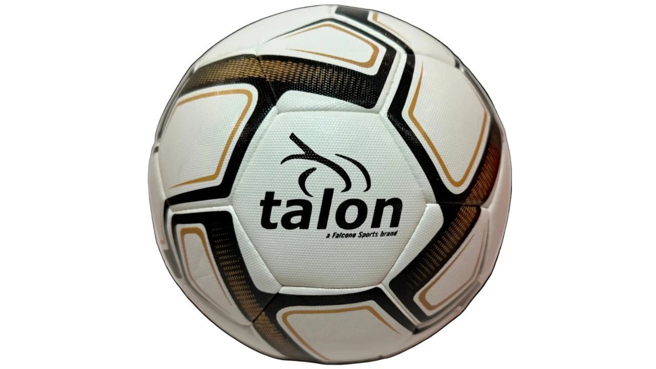 White Talon soccer ball with black, gold, and brown geometric design.