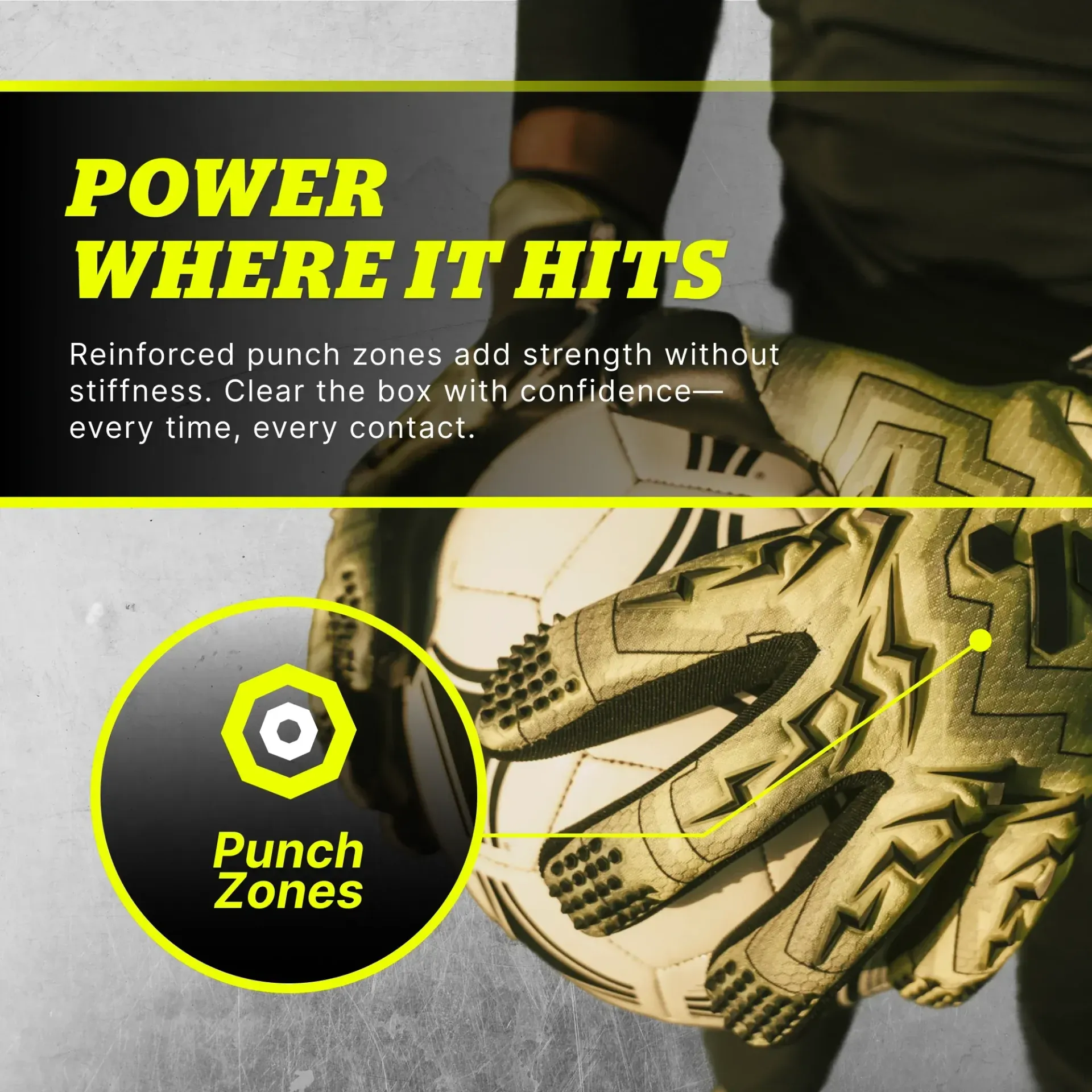 Goalkeeper gloves with reinforced punch zones holding soccer ball