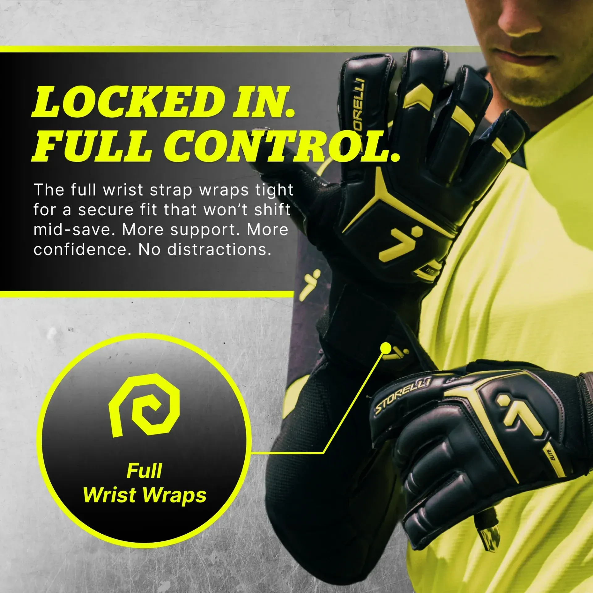 Goalkeeper wearing black gloves with full wrist wraps, showing secure fit and enhanced wrist support.