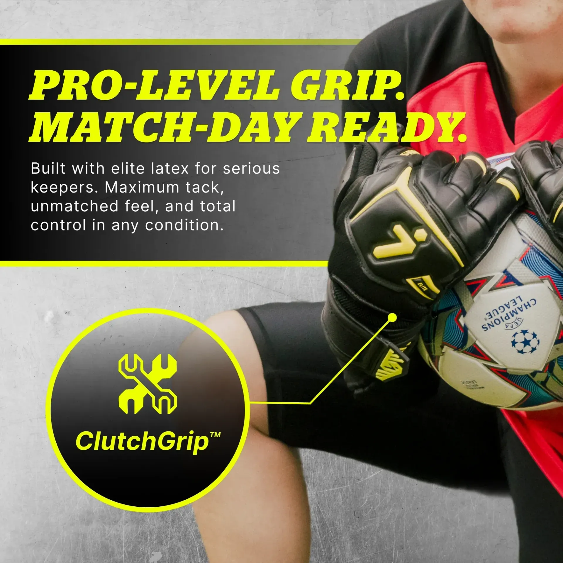Goalkeeper wearing black goalie gloves holding a soccer ball, highlighting pro-level grip and match-day performance.