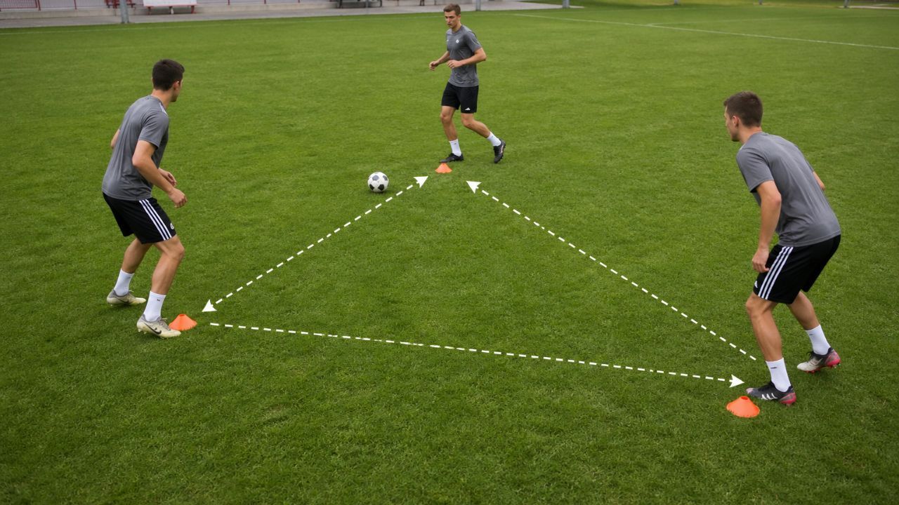 Players practicing a passing triangle drill with cones on a soccer field.