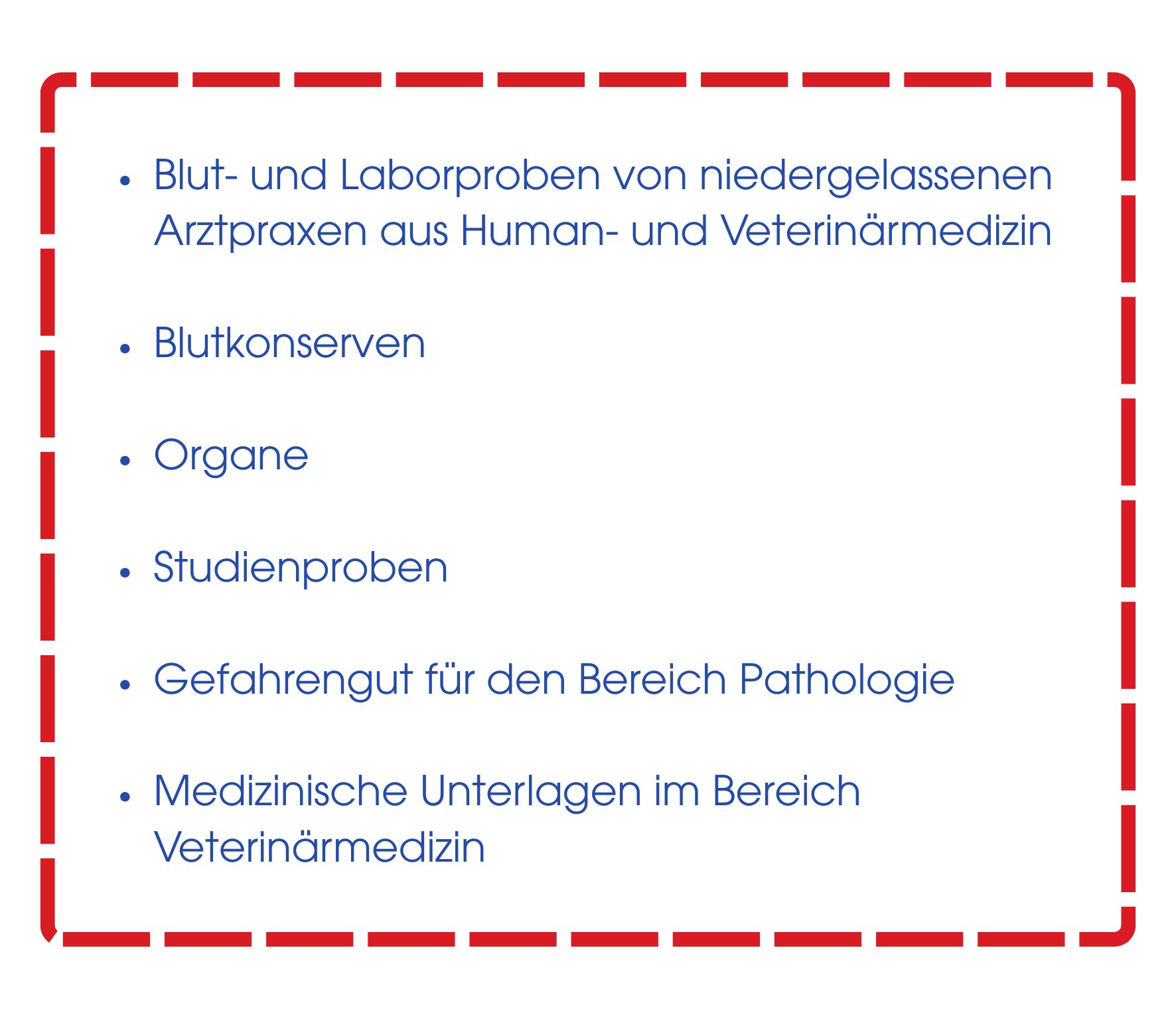 UnsereFahrdienste Blut- und Laborproben von niedergelassene Arztpraxen aus Human- und Veterinärmedizin, Blutkonserven, Organe, Studienproben, Medizinische Unterlagen im Bereich Veterinärmedizin, Praxisbedarf für Wasseranalytik, Sprechstundenbedarf für Mikrobiologie, Gefahrengut für den Bereich Pathologie